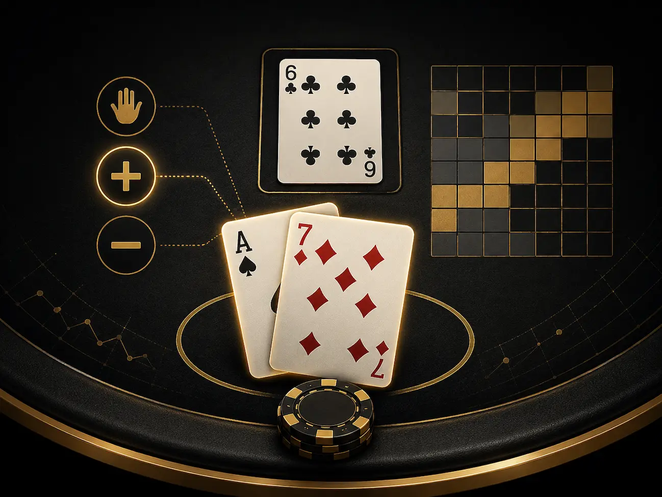 Blackjack bankroll risk chart and casino chips with gold probability design