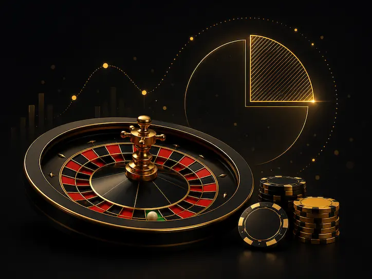 Roulette wheel and casino odds graphic with gold probability design