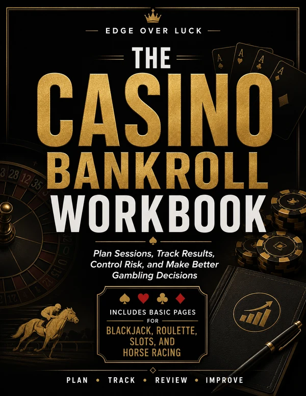 Cover of The Casino Bankroll Workbook by Edge Over Luck, with pages for blackjack, roulette, slots, and horse racing