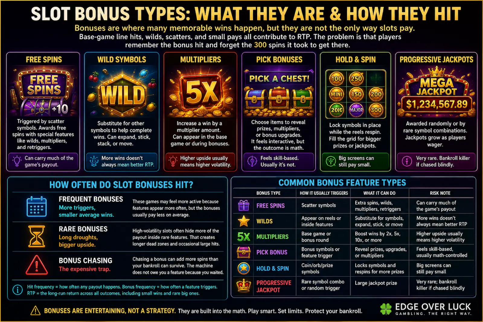 Slot bonus types infographic explaining free spins, wild symbols, multipliers, pick bonuses, hold and spin features, progressive jackpots, bonus frequency, and bonus chasing risk
